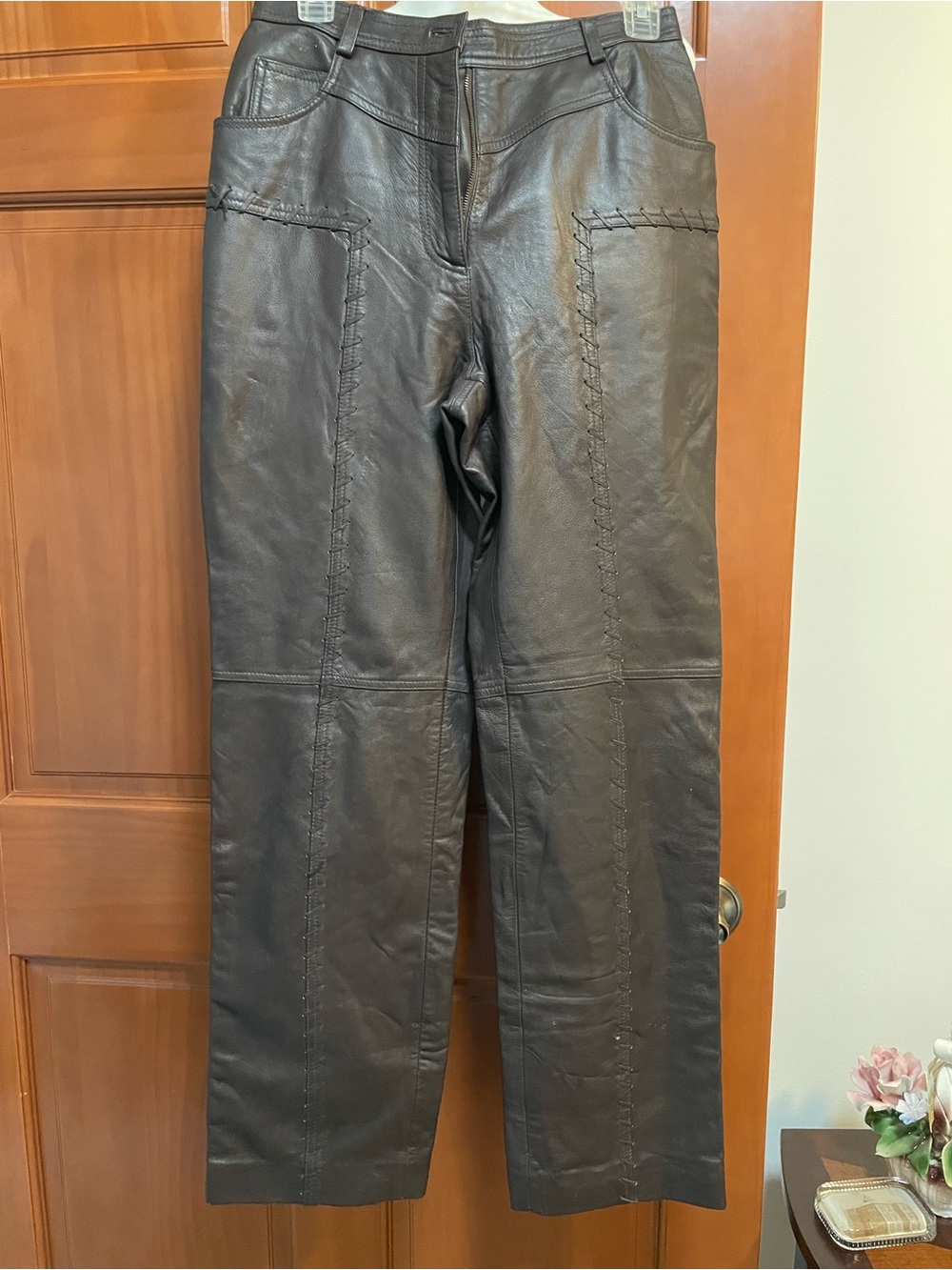 Together Dark Brown Quality Made Sheep Nappa Leather Stitched Straight Leg Pants